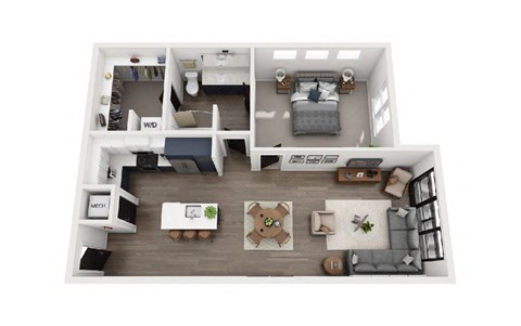 A top-down view of a well-furnished living room, kitchen, and bedroom.